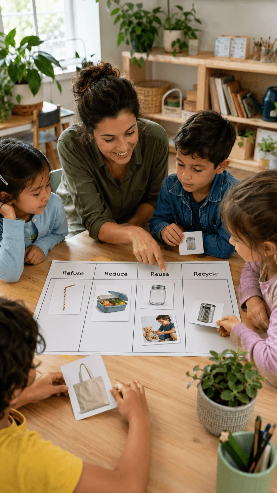 Children learning about the 4Rs refuse reduce reuse and recycle activity with a teacher using an eco friendly sorting worksheet and cards at a classroom table with sustainable materials and plants around them