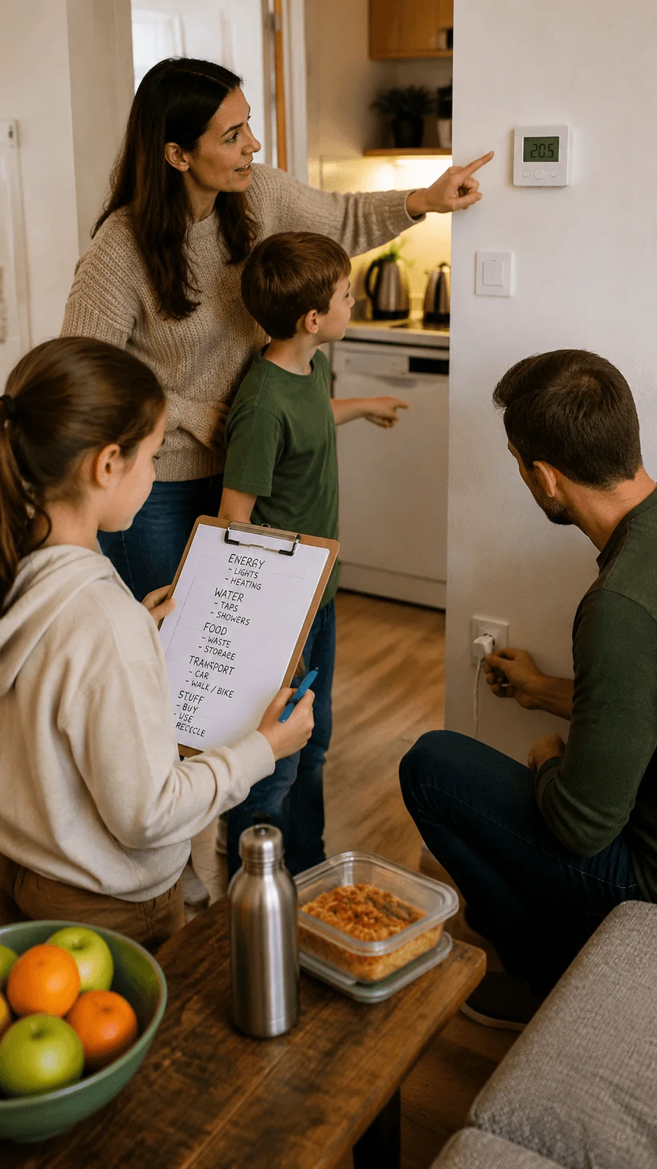 Family completing a sustainability challenge at home with energy checklist and children learning about saving resources and eco friendly habits