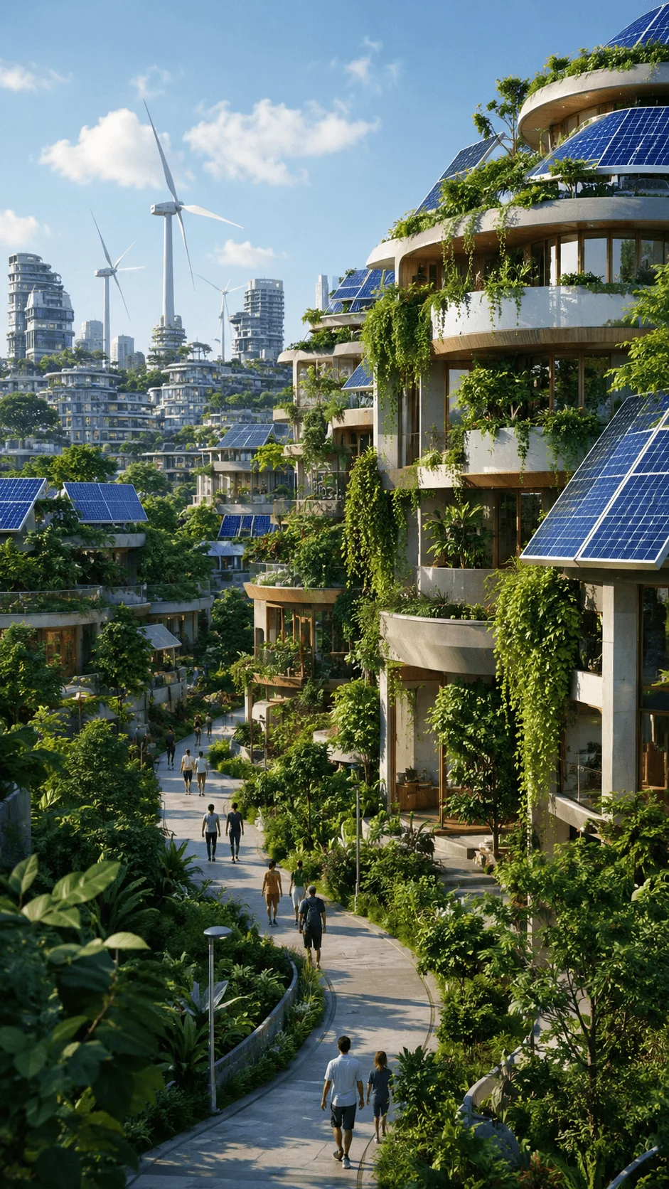 Solarpunk sustainable city with green buildings, solar panels, vertical gardens, wind turbines, and eco friendly architecture blending nature with modern technology
