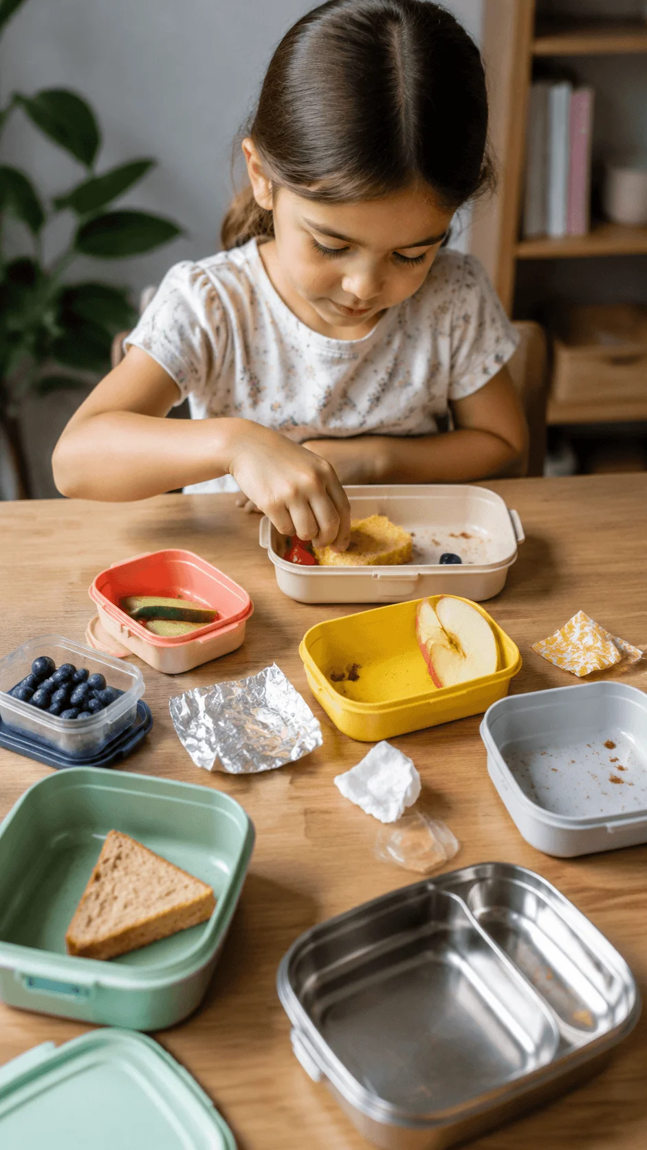 Child participating in a sustainable lunch box challenge by sorting food portions and reusable containers to reduce waste