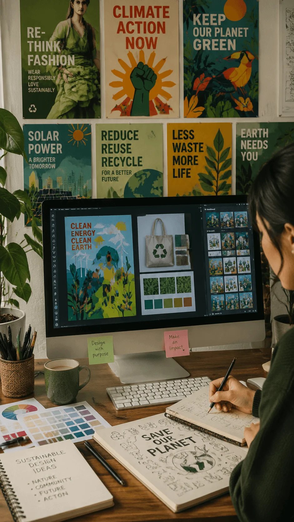 AI assisted colourful sustainability poster design workspace showing a designer creating eco friendly artwork with digital concepts climate action posters green themes and creative materials on a desk