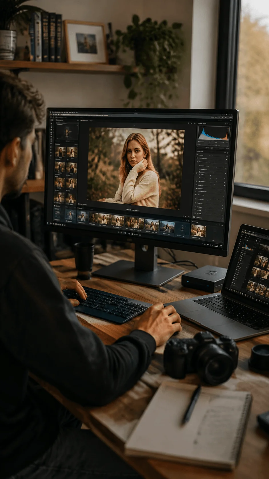 AI assisted photography editing workflow showing a photographer using professional editing software on a computer with portrait images camera equipment and a modern creative workspace setup