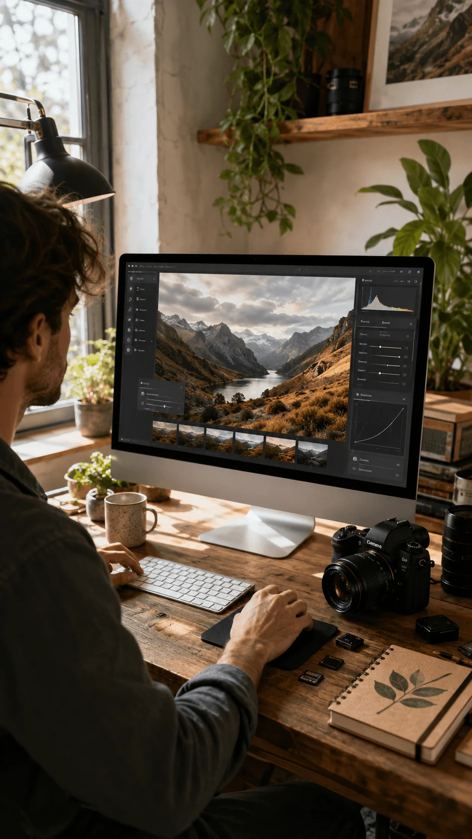 AI assisted editing for a sustainable photography workflow with a photographer editing nature images on a computer