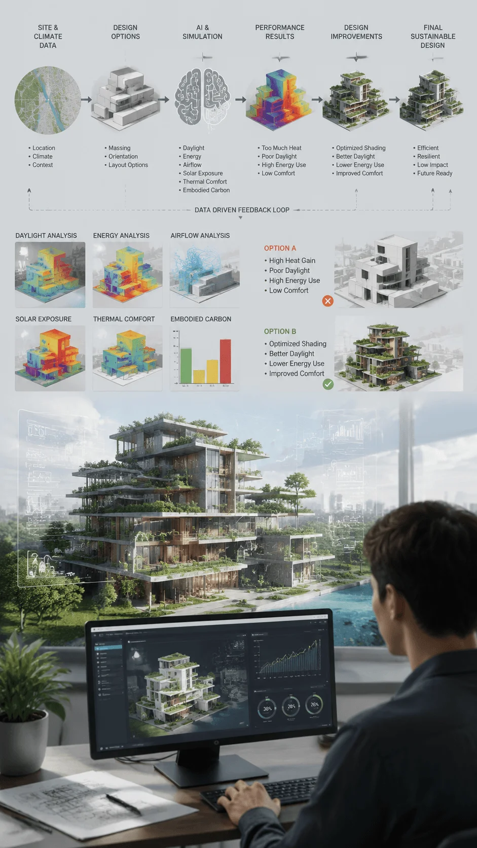 AI assisted sustainability analysis diagram showing a data driven architectural design process with site and climate data, AI simulation, performance analysis, design improvements, daylight studies, energy analysis, airflow evaluation, embodied carbon assessment, and optimized sustainable building solutions