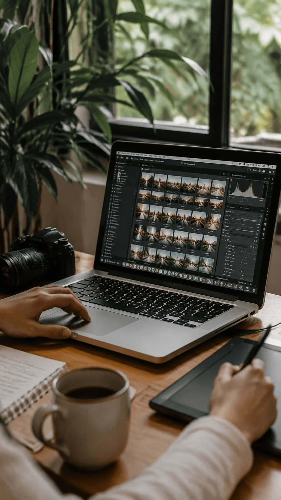 Photographer editing photos on a laptop with camera equipment and creative workspace surrounded by plants for sustainable digital photography workflow