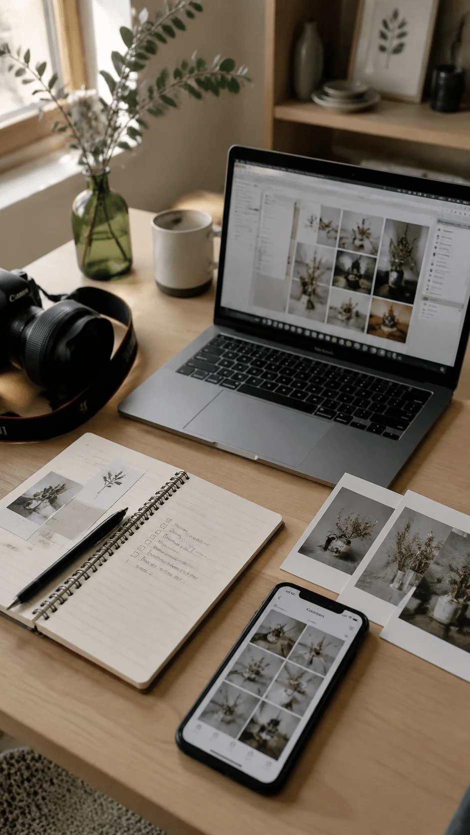 AI assisted sustainable photography workflow featuring a camera, laptop with photo editing software, smartphone, printed images, notebook, and natural workspace elements creating a modern eco friendly creative process