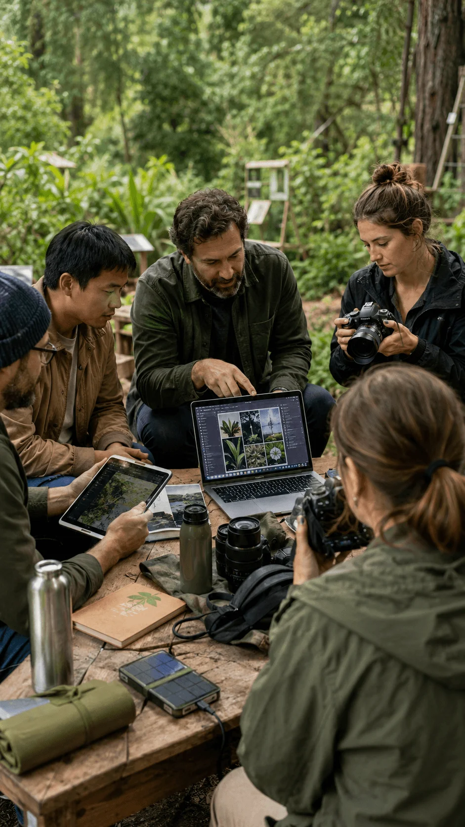 AI assisted sustainable photography workshop with photographers reviewing nature images on digital devices in a forest setting with cameras, eco friendly equipment, and creative collaboration