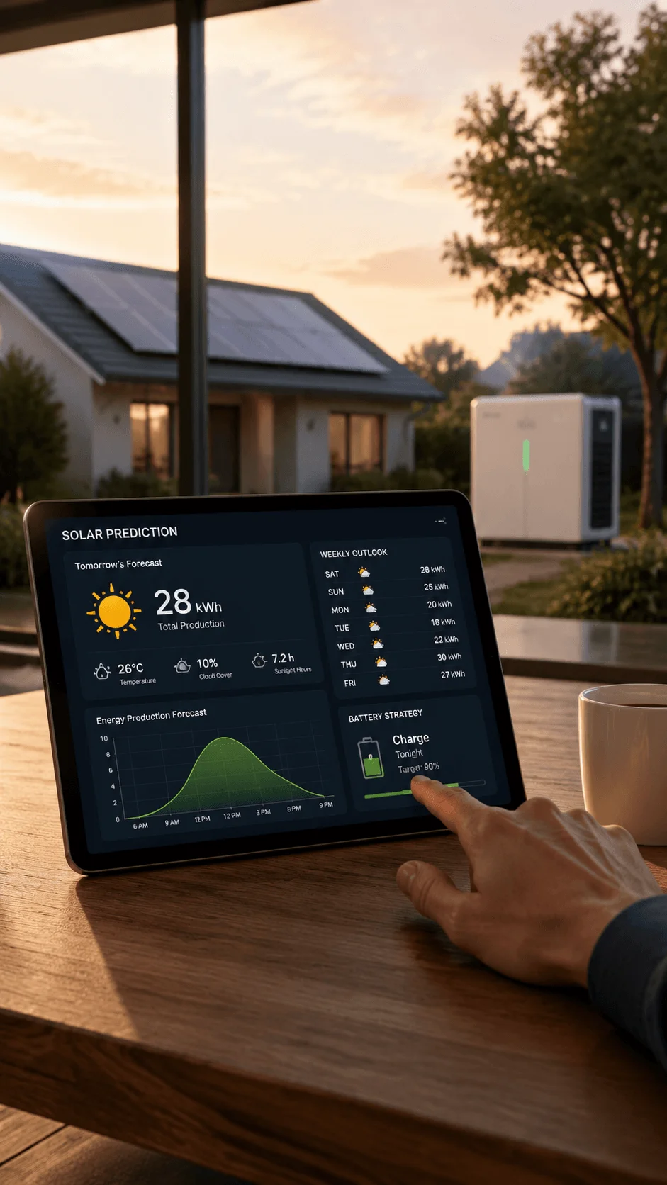 AI based solar energy prediction system with smart tablet dashboard showing solar forecast battery management and renewable home energy monitoring technology