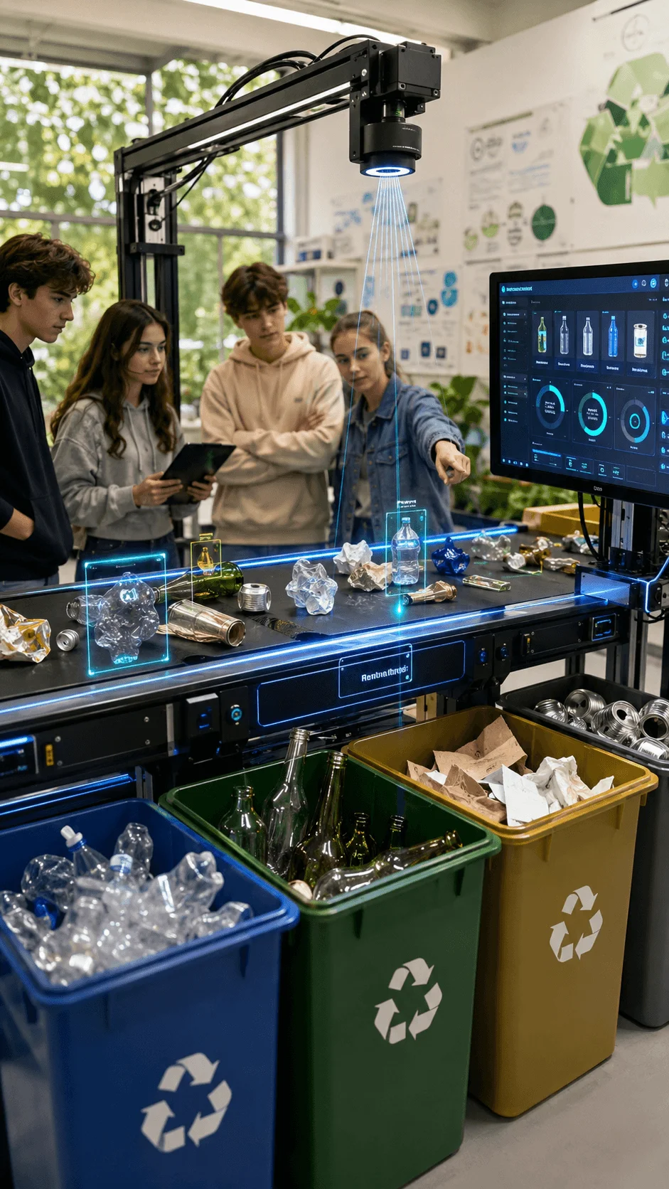 AI based waste sorting project showing students using smart recycling technology with artificial intelligence sensors, automated sorting equipment, digital waste analysis dashboard, and recycling bins for circular economy education
