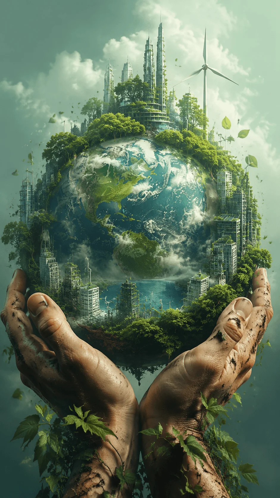 AI generated eco art poster style featuring a futuristic green city built around the Earth with renewable energy wind turbines forests and hands protecting the planet representing sustainable innovation and environmental harmony