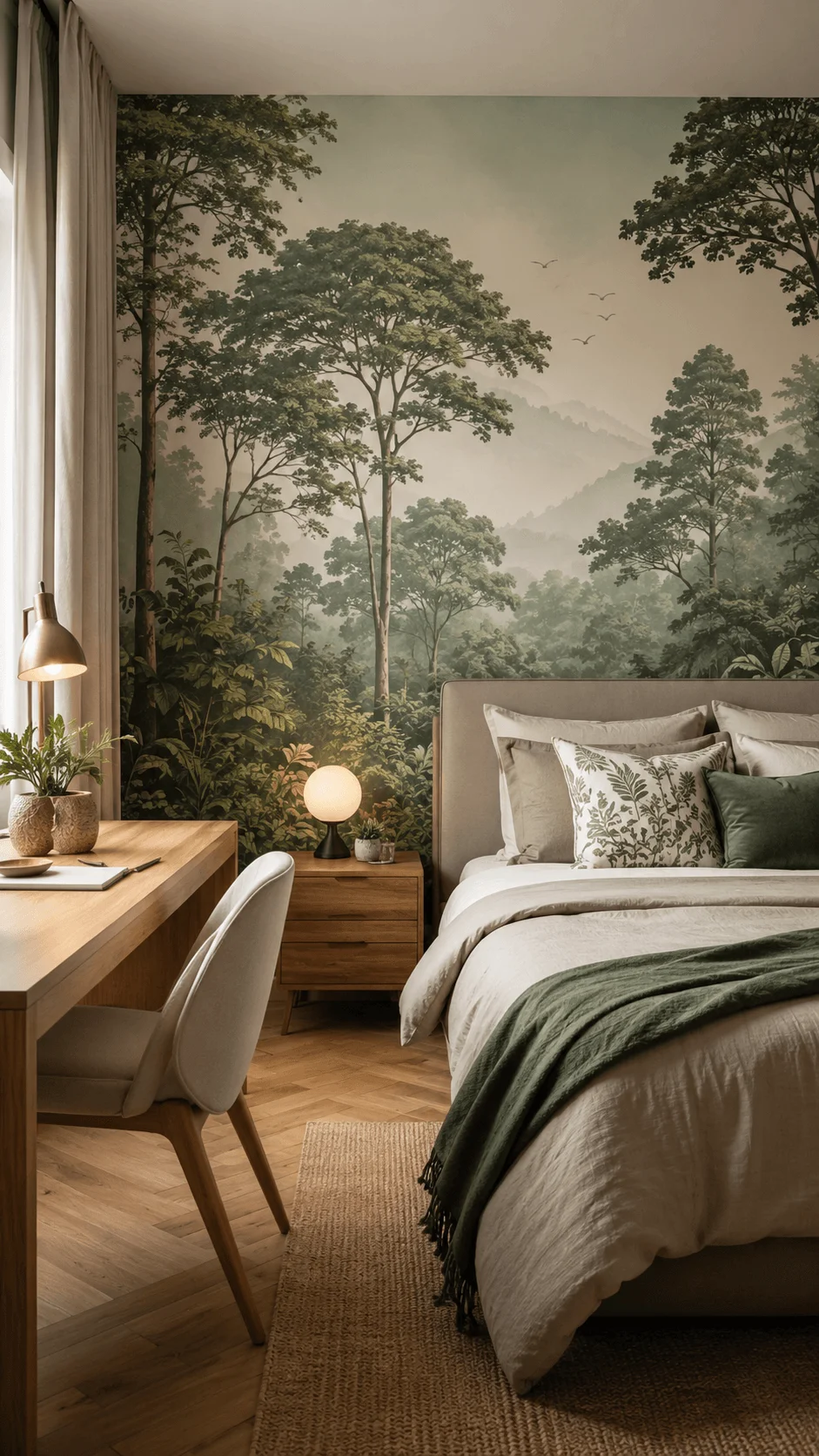 AI generated nature wallpaper featuring a forest landscape mural in a sustainable bedroom with wooden furniture plants neutral bedding and eco friendly interior design elements