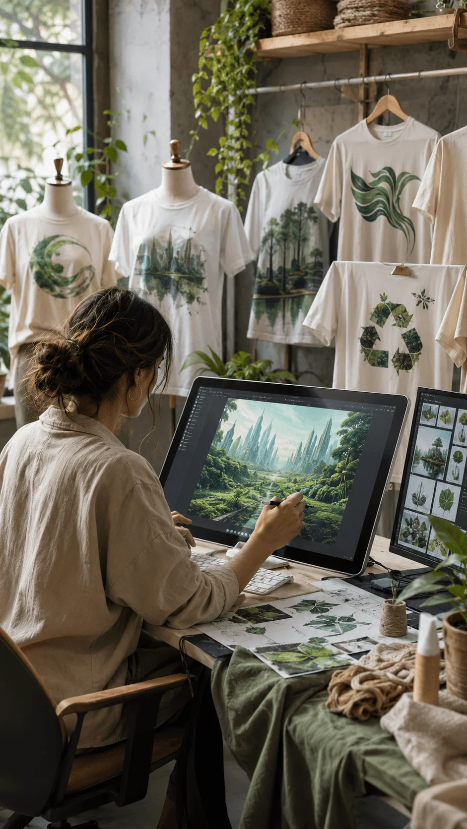 AI generated sustainable artwork t shirt designs featuring a creative workspace with digital fashion design tools, eco friendly shirt concepts, nature inspired graphics, green city illustrations, botanical elements, and sustainable fashion development in a modern studio environment.
