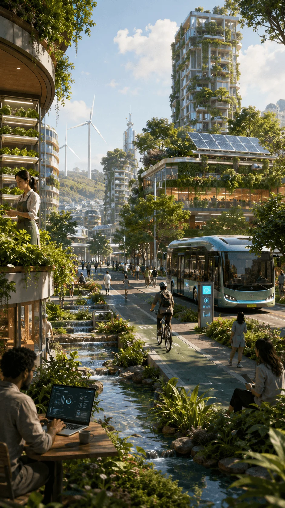 AI generated sustainable development goals poster showing a futuristic green city with eco friendly buildings, renewable energy, smart transportation, urban gardens, and sustainable technology