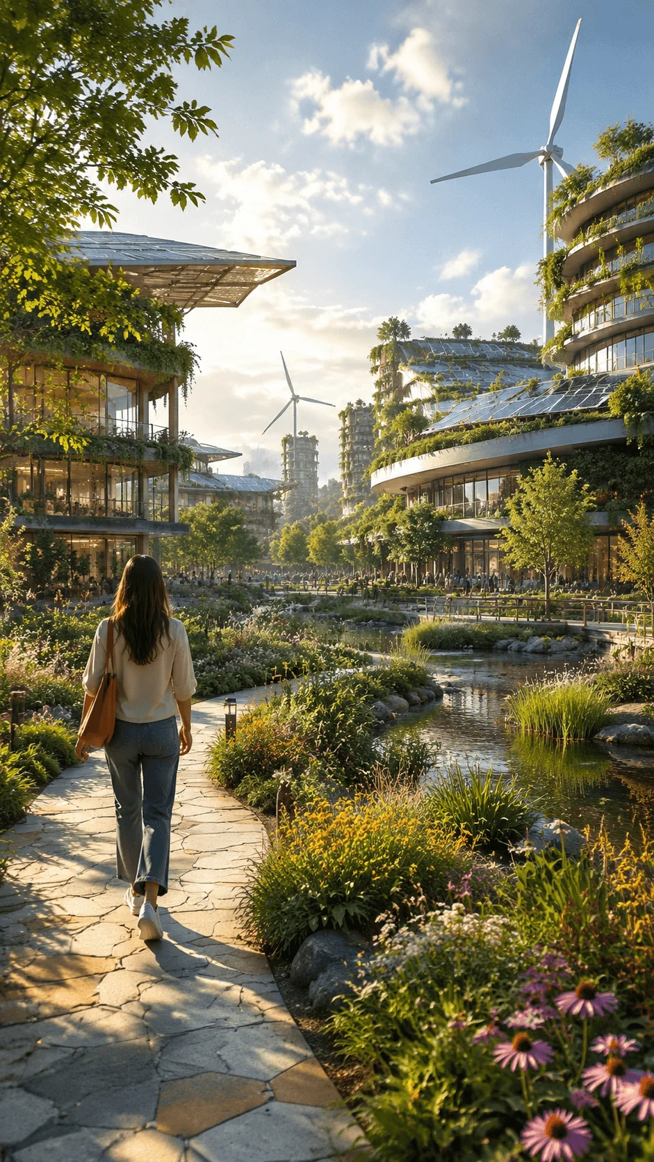 AI generated sustainable landscape with futuristic green city design, solar panels, wind turbines, rooftop gardens, water features, lush plants, and people walking through an eco friendly urban environment