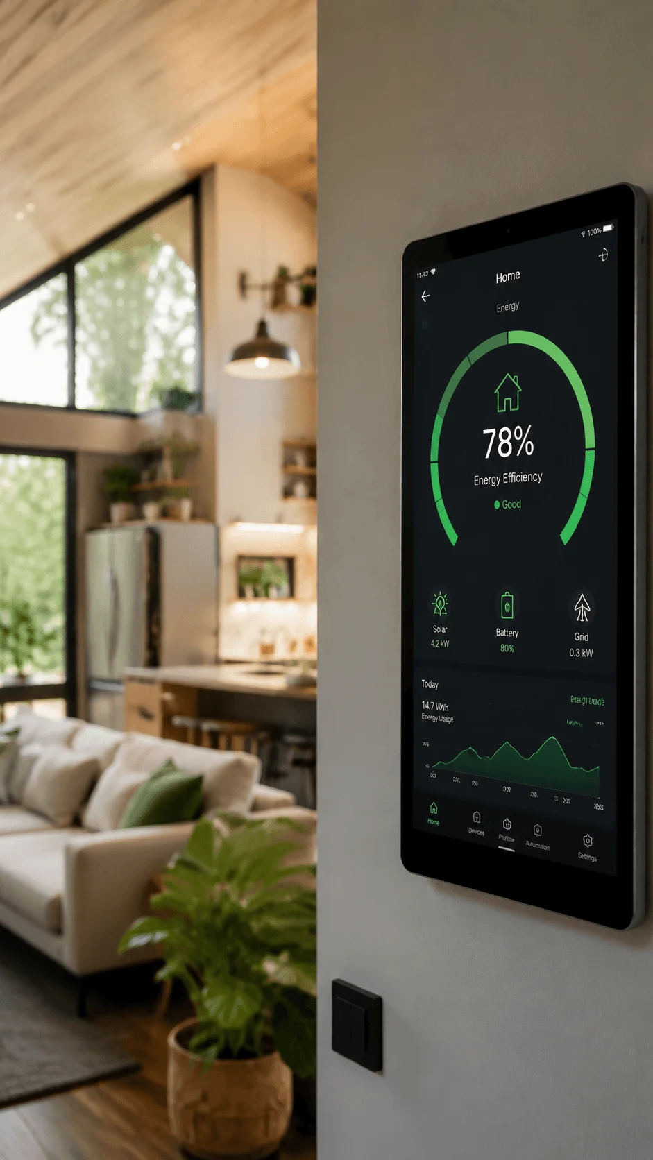 AI powered energy management system in a sustainable mini house with smart home technology monitoring energy efficiency solar power and battery usage