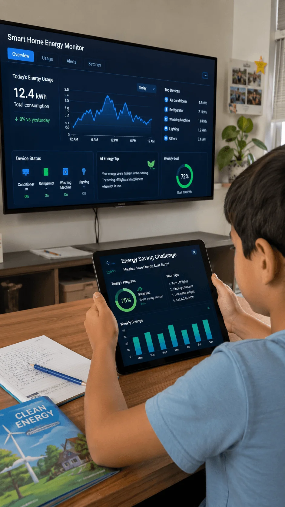 Child using an AI powered energy monitor to learn about clean energy saving and sustainable living practices