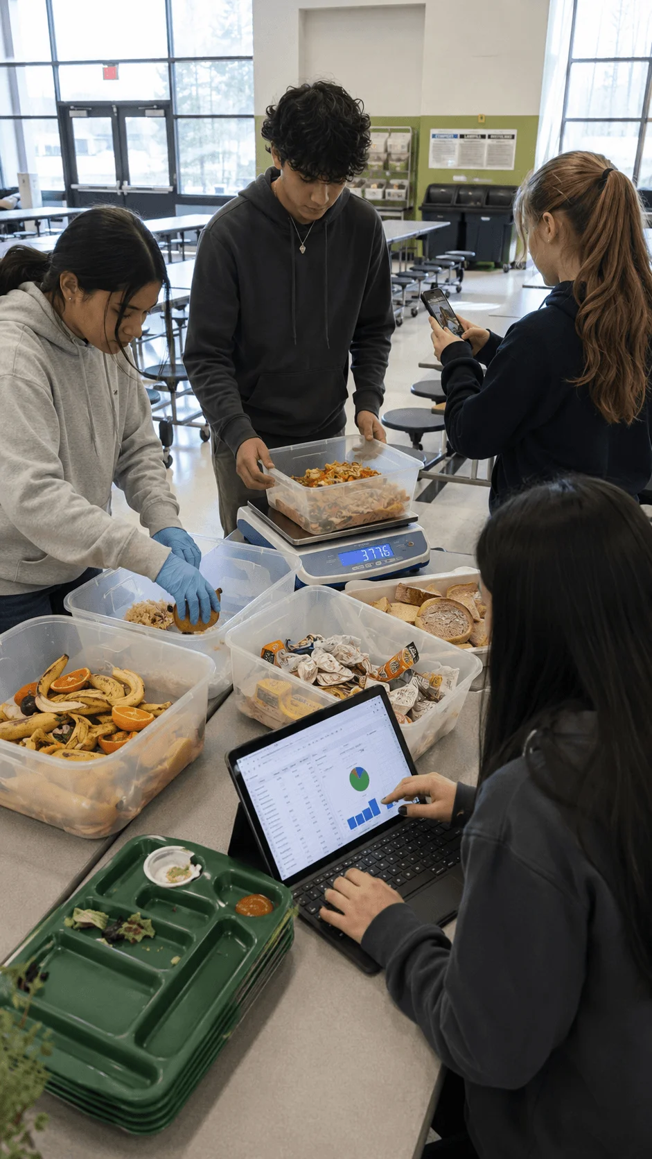 Students weighing and sorting cafeteria food waste while recording audit data on a tablet