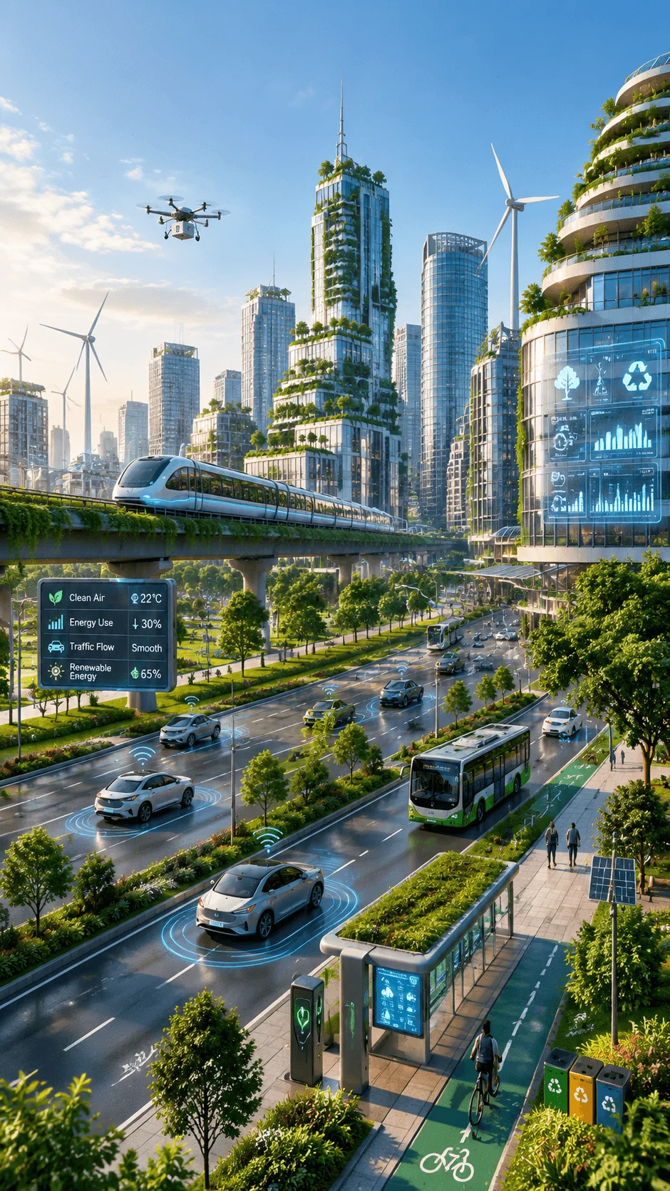 AI powered smart city with green skyscrapers autonomous vehicles electric train wind turbines smart sensors drone delivery and sustainable urban infrastructure using renewable energy