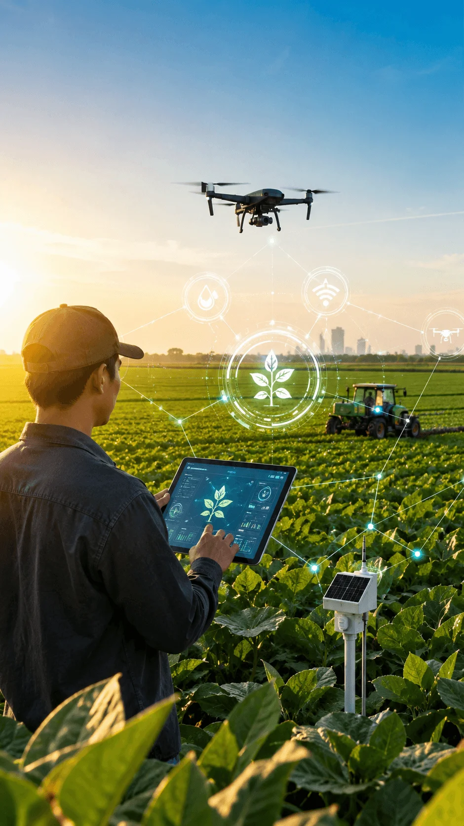 AI powered smart farming technology with farmer using tablet drone monitoring crops and digital agriculture sensors in a green field