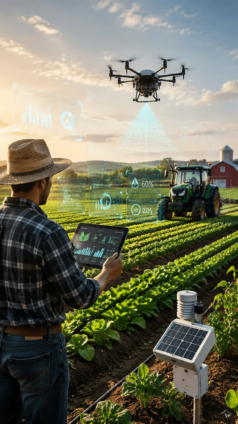 AI powered smart farming image showing a farmer using digital technology with drones, sensors, data analytics, smart tractor, and modern agriculture systems in a green crop field