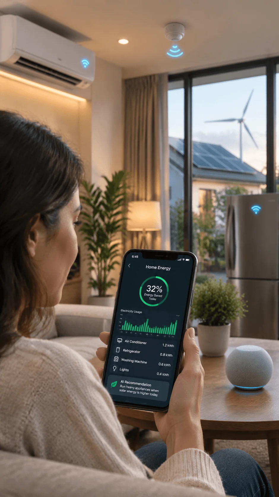 AI powered smart home energy management system with mobile energy monitoring app smart devices and renewable energy technology inside a modern home