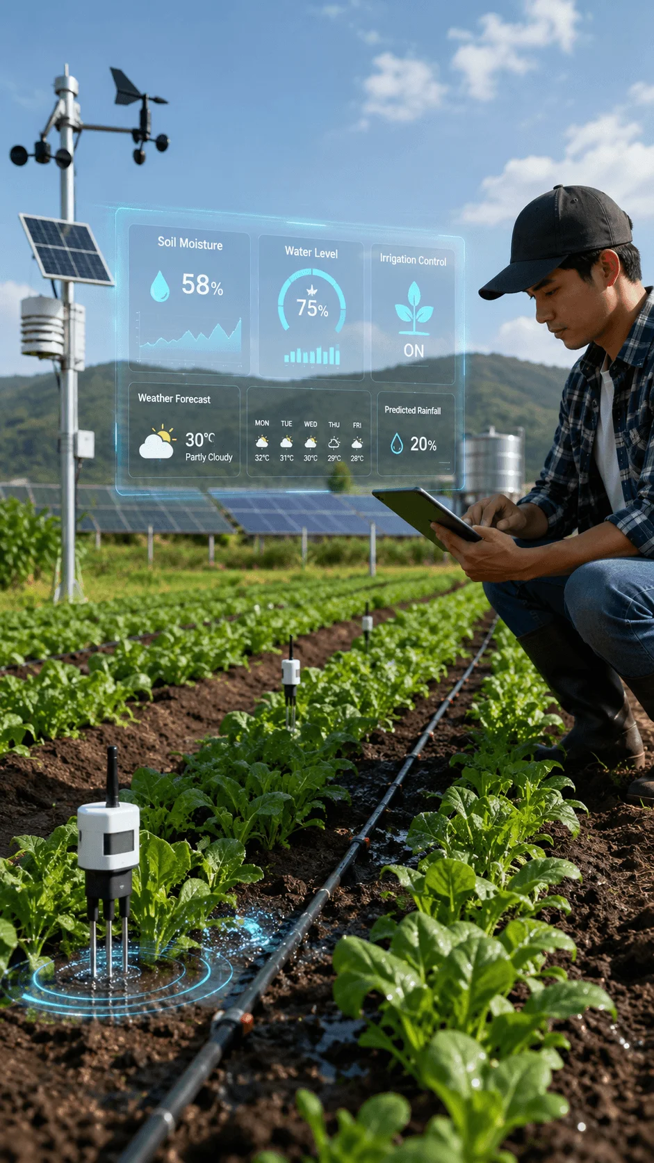 AI powered smart irrigation system showing a farmer using digital technology with soil moisture sensors, automated water control, solar panels, and crop monitoring dashboard in a modern sustainable farm field