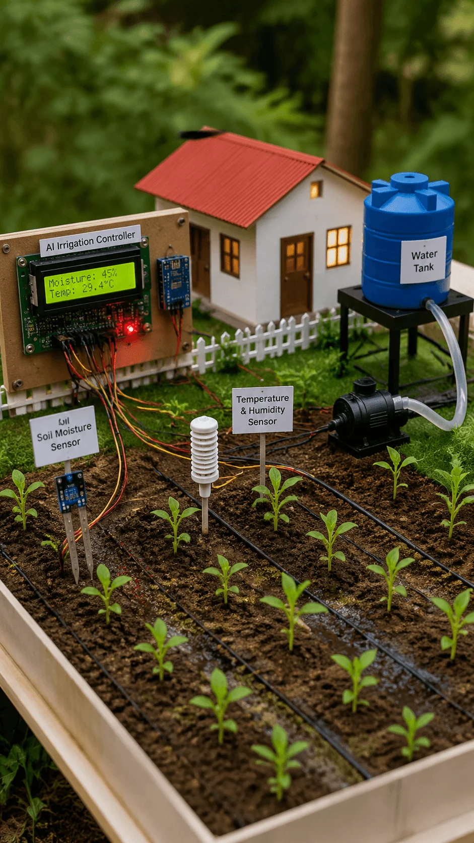 AI powered smart irrigation system model with soil moisture sensor temperature and humidity sensor water tank pump and automated farming setup for sustainable agriculture project