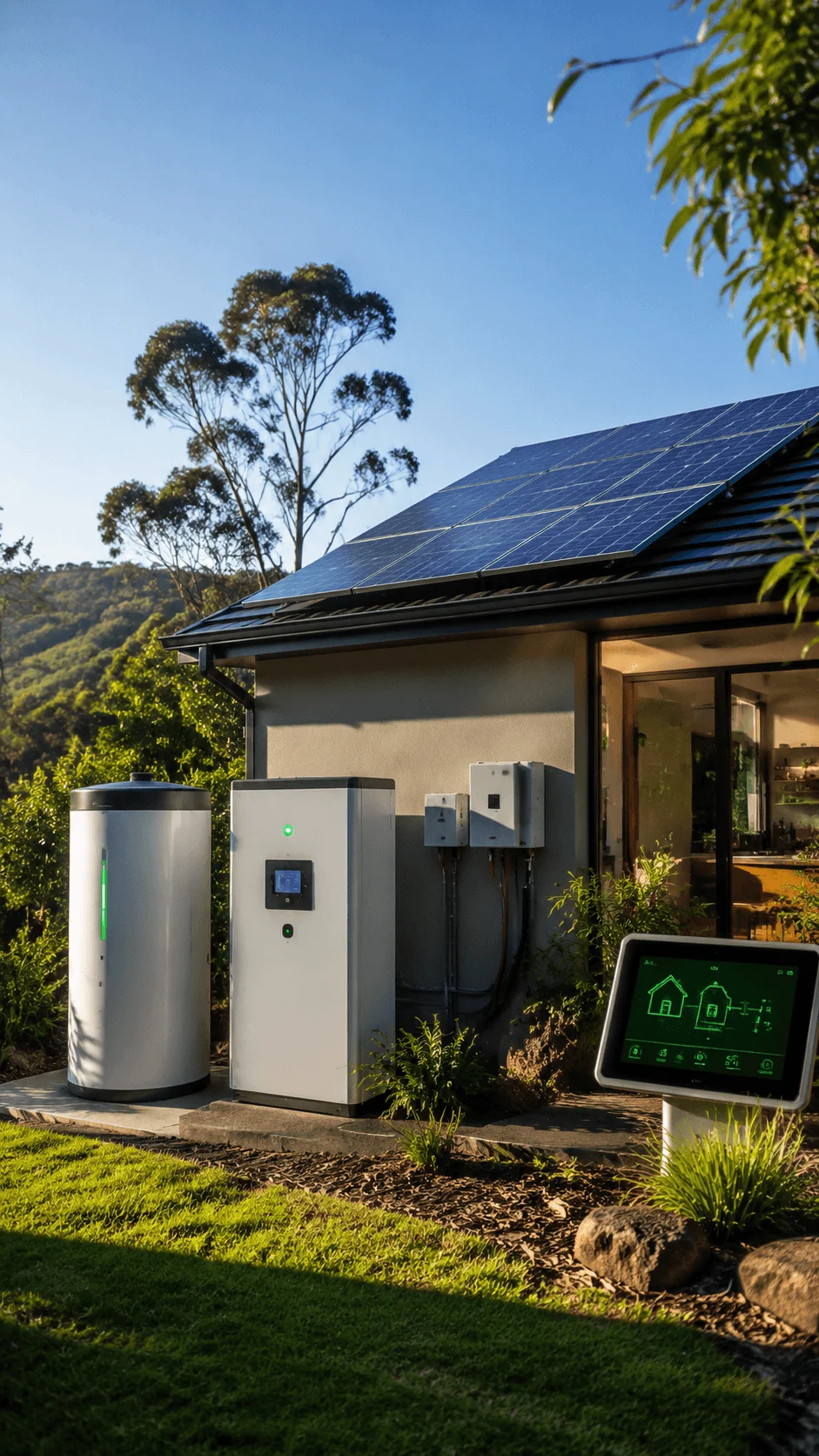 AI powered smart solar energy management system with rooftop solar panels battery storage units and modern home energy monitoring technology in a sustainable green environment
