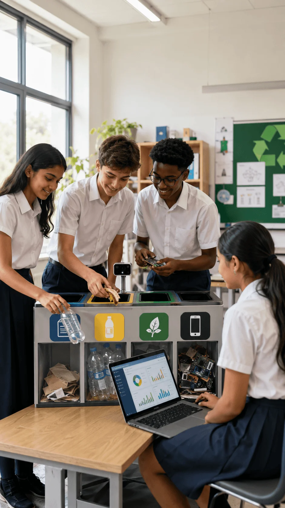 Students using an AI powered smart waste management system with recycling bins, data analysis laptop, and technology based environmental learning in a classroom