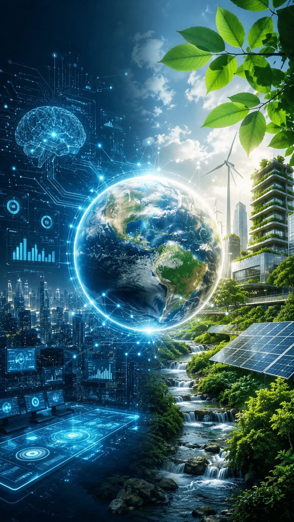AI powered sustainability cover showing artificial intelligence technology, digital data networks, a glowing globe, green buildings, renewable energy, solar panels, wind turbines, forests, and a connection between smart technology and environmental protection