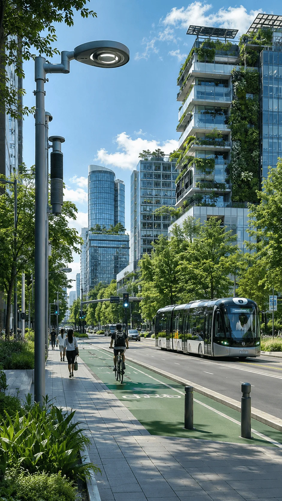AI powered sustainable city design featuring green buildings smart transportation cycling paths urban greenery and eco friendly infrastructure