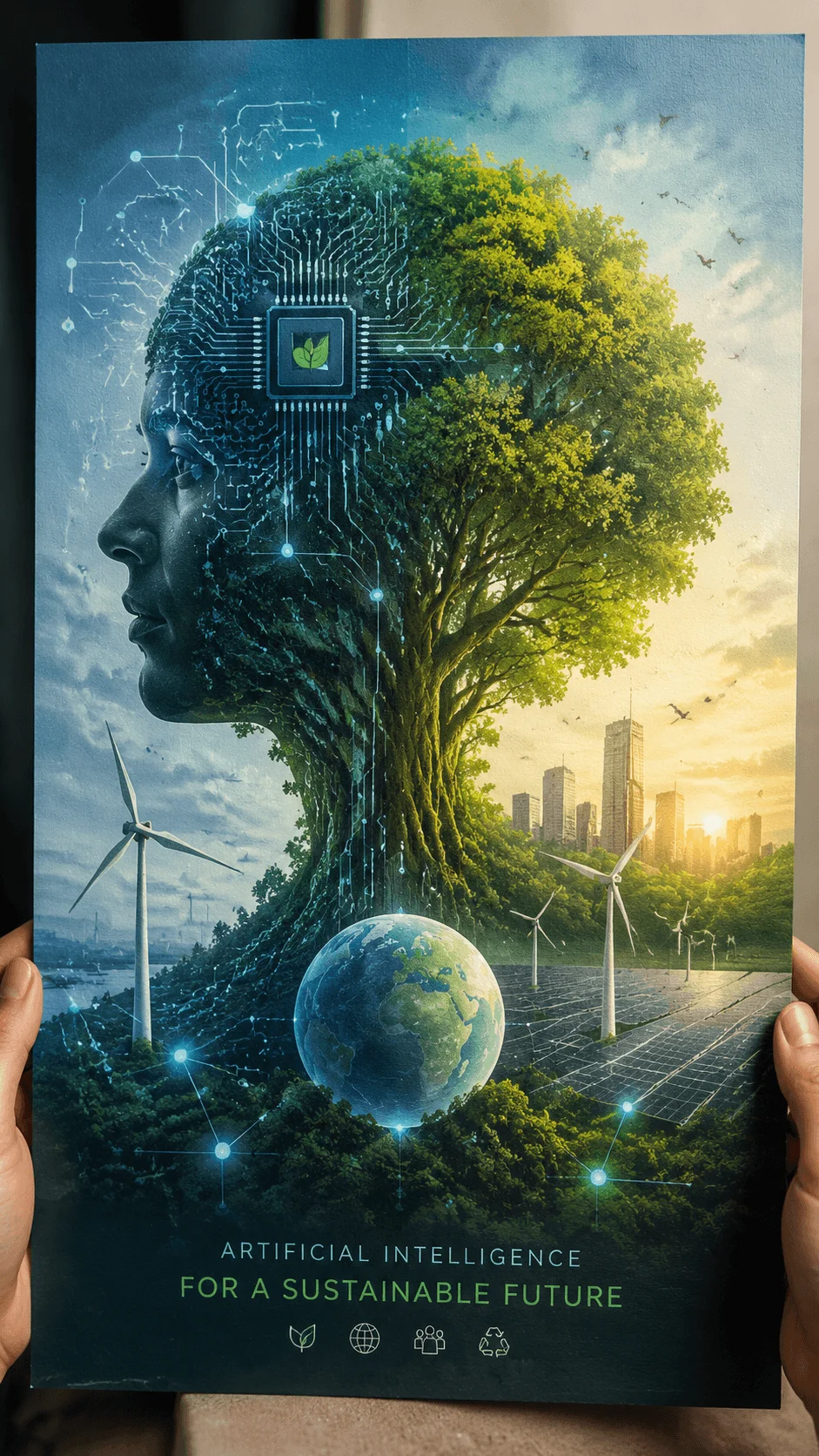 AI powered sustainable development poster showing a human profile blended with a tree, digital technology, artificial intelligence circuits, renewable energy systems, solar panels, wind turbines, and a green future vision with the earth at the center