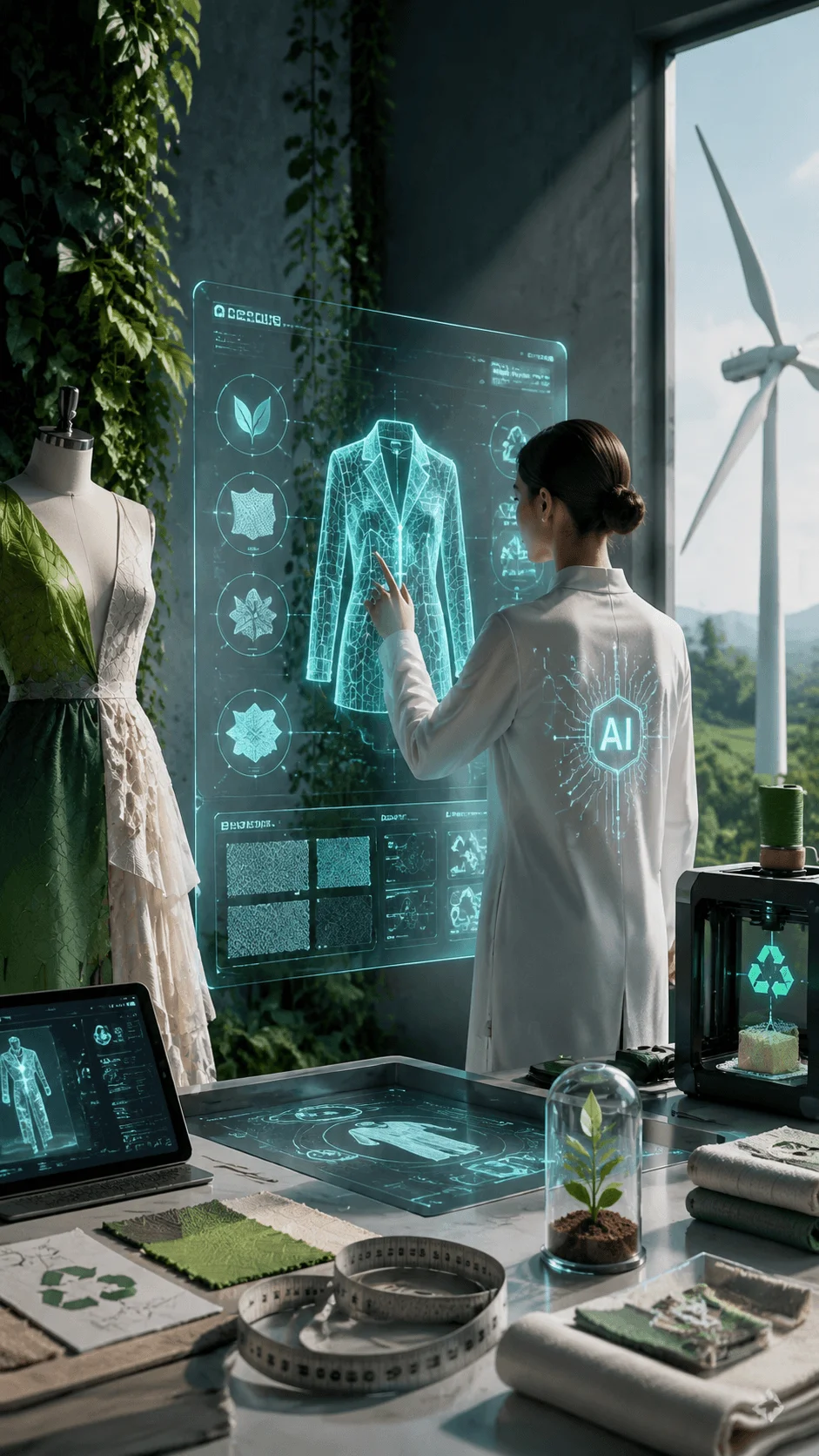 AI powered sustainable fashion poster showing a designer creating a futuristic digital clothing concept with holographic technology, smart fabric interfaces, eco friendly materials, renewable energy, and innovative fashion design combining artificial intelligence with environmental sustainability