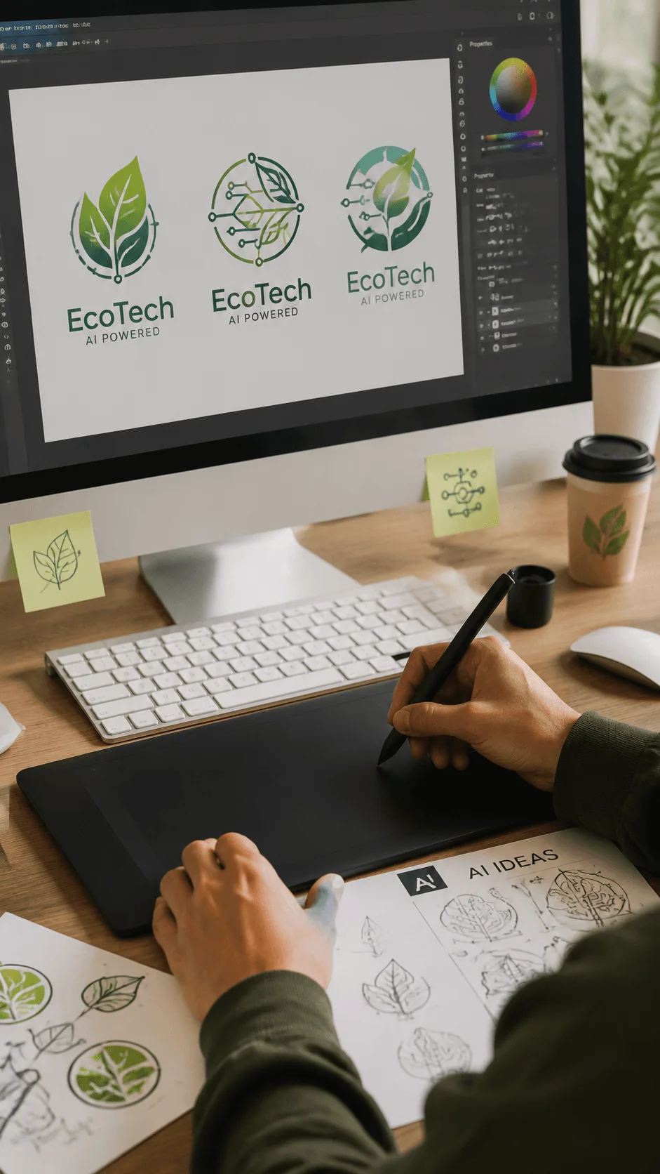 AI powered sustainable logo design concepts displayed on a computer screen featuring eco friendly technology branding with leaf symbols, digital design tools and green innovation workspace