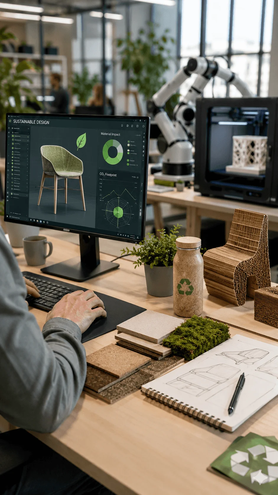 AI powered sustainable product design workspace featuring eco friendly materials digital design software robotic technology recycled concepts and green innovation process