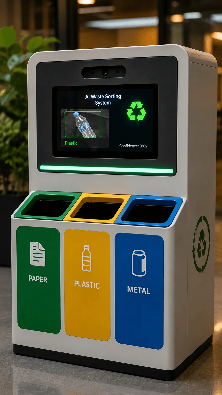 AI powered waste sorting bin with smart recycling compartments using computer vision to identify paper plastic and metal waste for sustainable waste management and environmental education