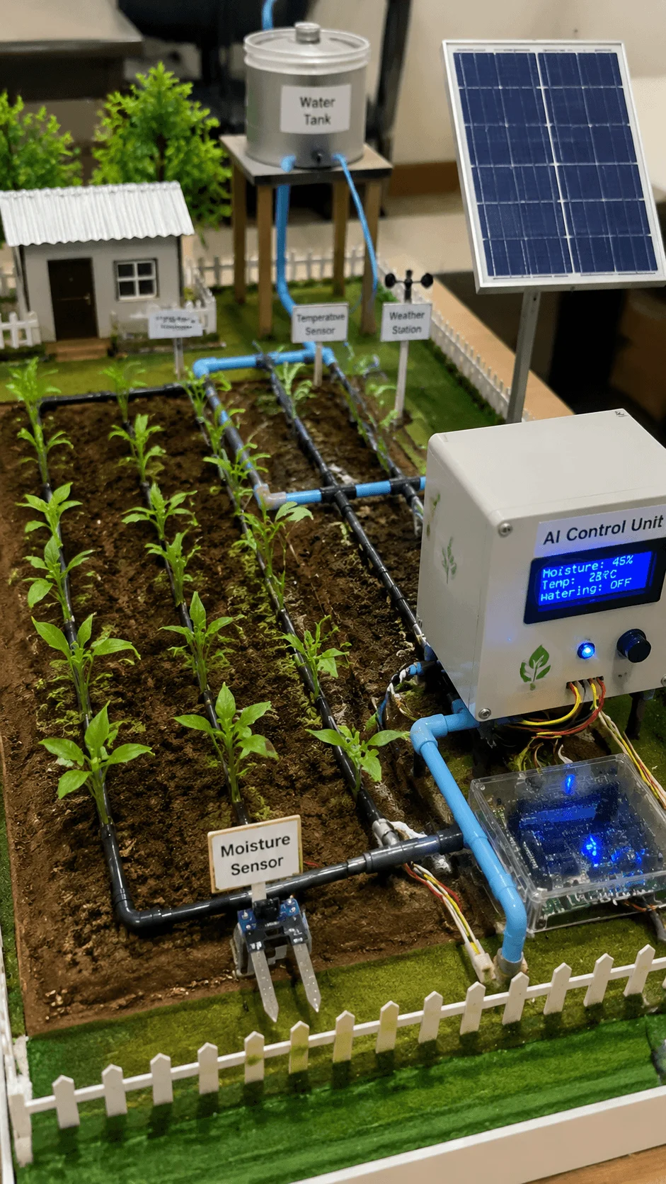 AI smart irrigation system model showing automated farming technology with moisture sensors, AI control unit, weather station, solar panel, water tank, and efficient crop irrigation setup
