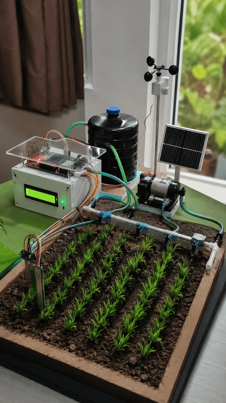 AI smart irrigation working model showing a miniature farm with automated water pump soil moisture sensor solar panel water tank and smart drip irrigation system for efficient crop watering