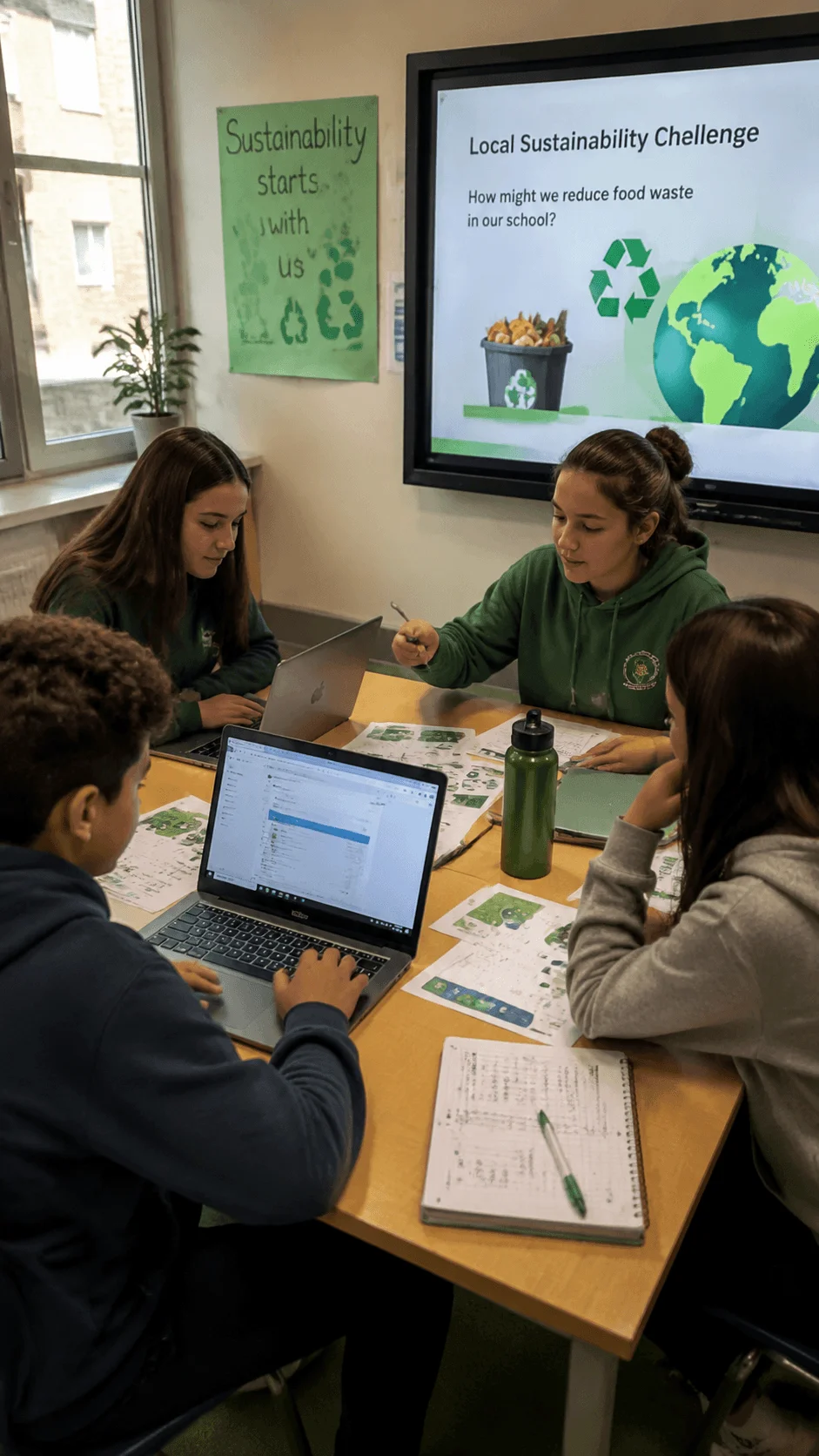 Students collaborating on an AI sustainability challenge project with laptops, environmental research materials and a presentation about reducing food waste in school