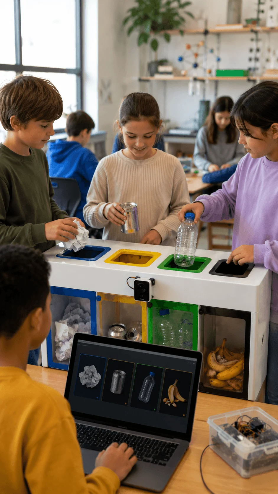 Students using an AI powered waste sorting system in a classroom with smart recycling bins and technology assisted environmental learning
