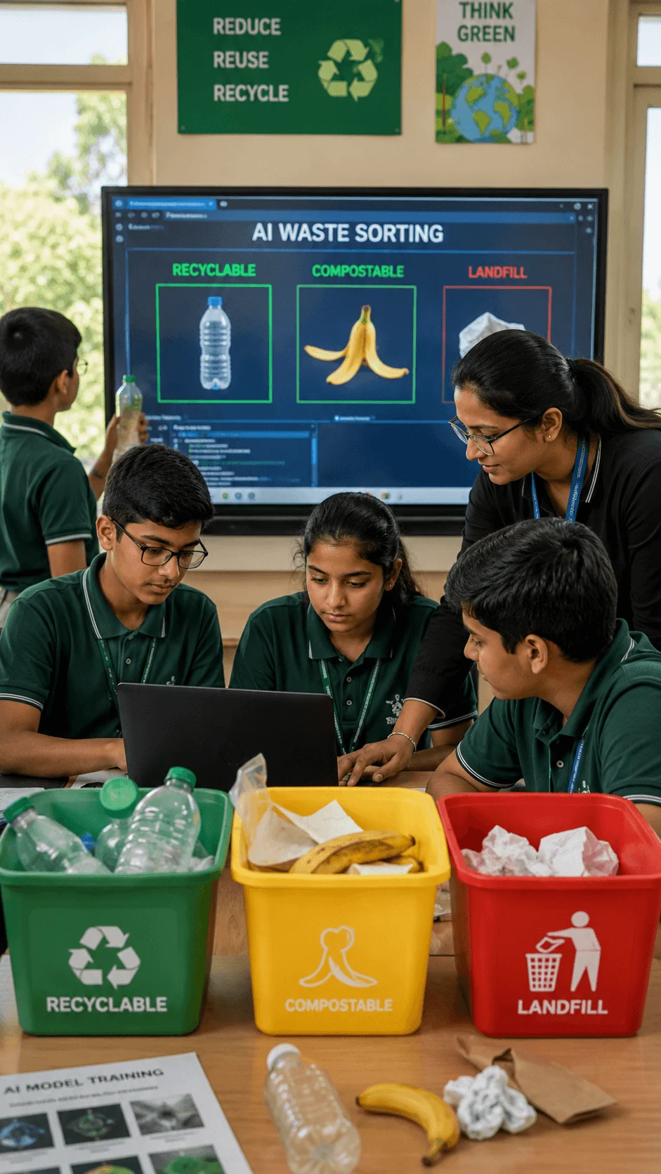 Students participating in an AI waste sorting challenge in a classroom using a computer vision system to classify recyclable compostable and landfill waste while sorting items into labeled bins with guidance from a teacher.