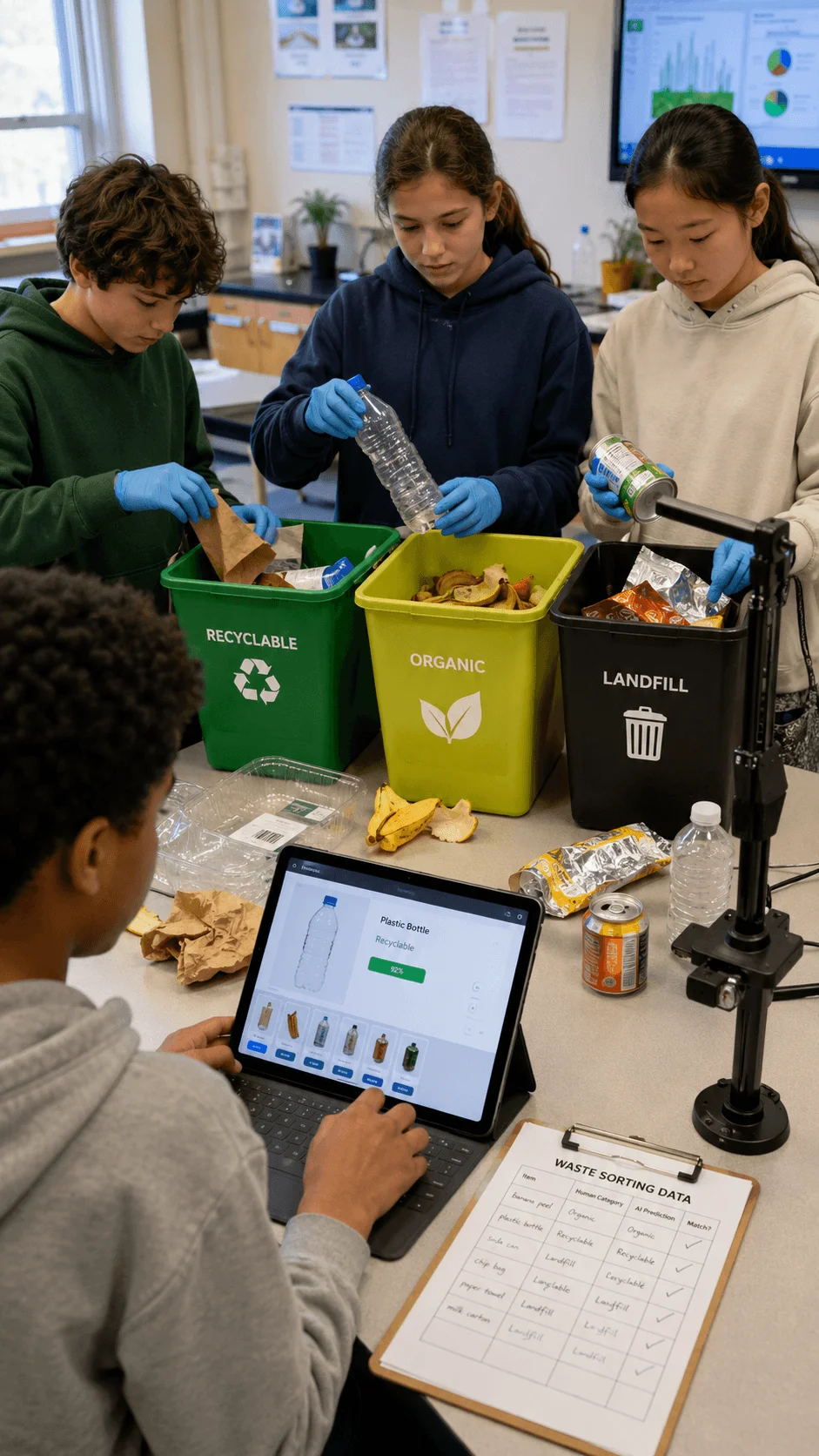 Students using AI technology to sort waste into recyclable organic and landfill categories during an environmental science project in a classroom setting