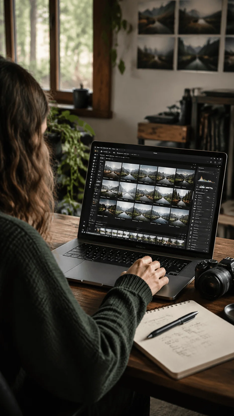 AI and future of eco friendly photography degrees showing a photographer using digital editing software on a laptop with nature images, camera equipment, and creative tools in a sustainable workspace focused on modern photography technology and environmental practices