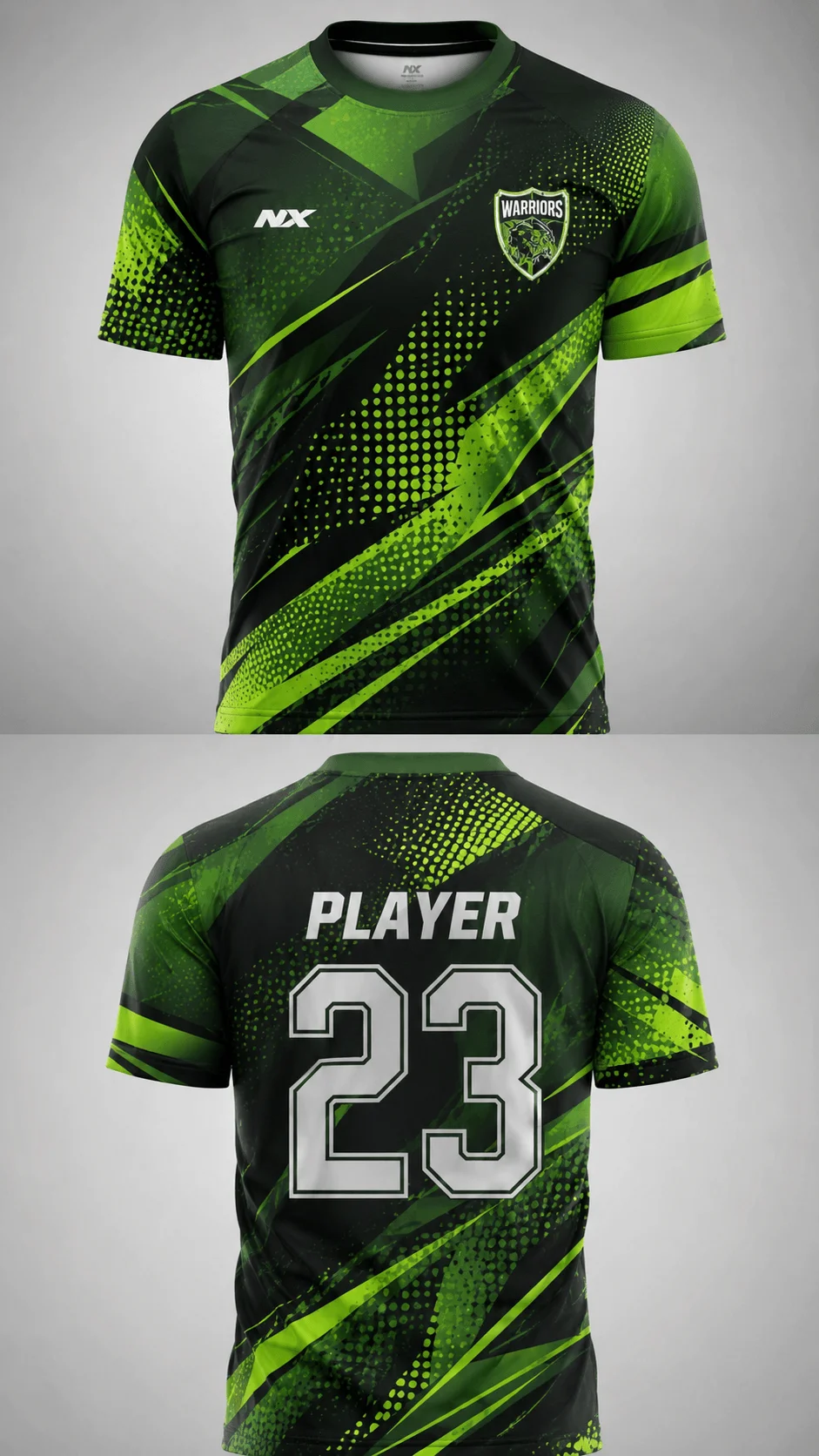 Abstract green sports shirt design shown from the front and back with black lime patterns team emblem player name and number 23
