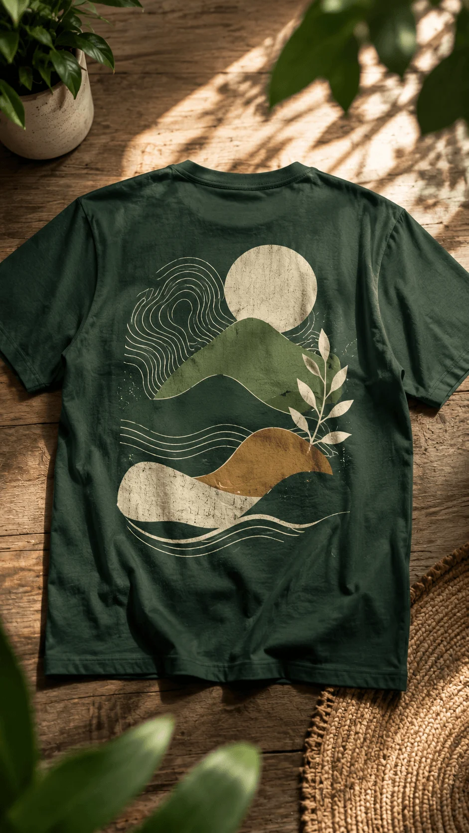 Dark green T shirt featuring abstract nature shapes with flowing lines hills sun and botanical details