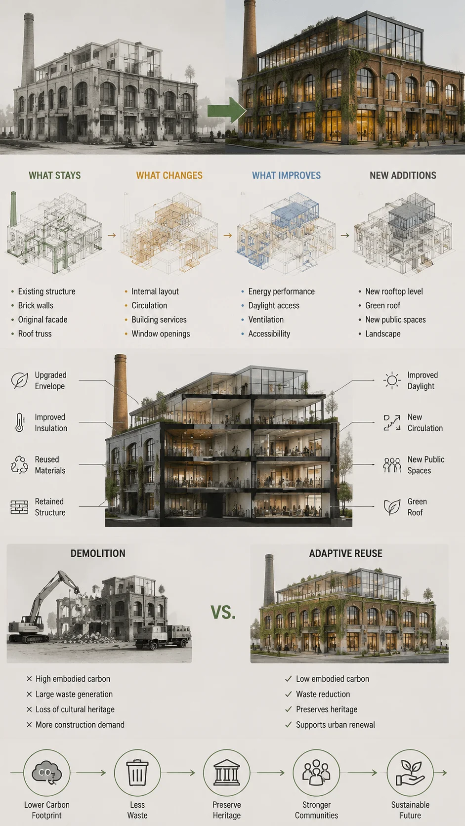 Adaptive reuse and sustainable building concept diagram showing the transformation of an old industrial building into a modern sustainable space with retained structure, upgraded envelope, improved daylight, reused materials, green roof, new public spaces, and reduced carbon impact through adaptive reuse design strategies