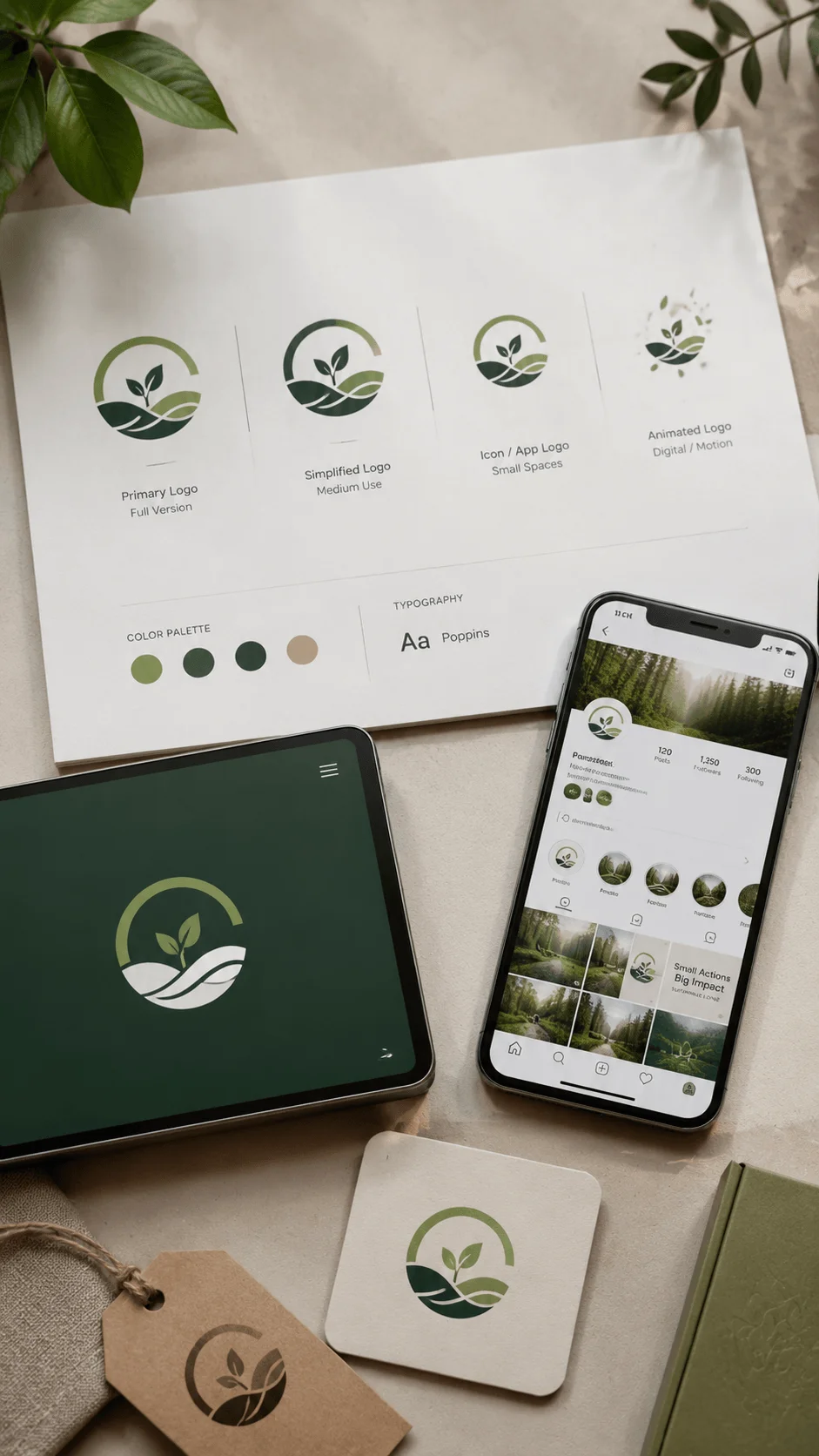 Adaptive sustainable logo systems for digital branding featuring responsive logo variations, eco friendly brand identity designs, color palettes, typography, mobile app interface and digital branding applications on a creative workspace