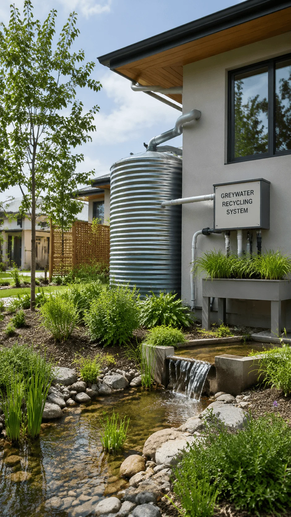Sustainable home water conservation system with rainwater harvesting greywater recycling natural filtration pond and eco friendly landscape for efficient water management