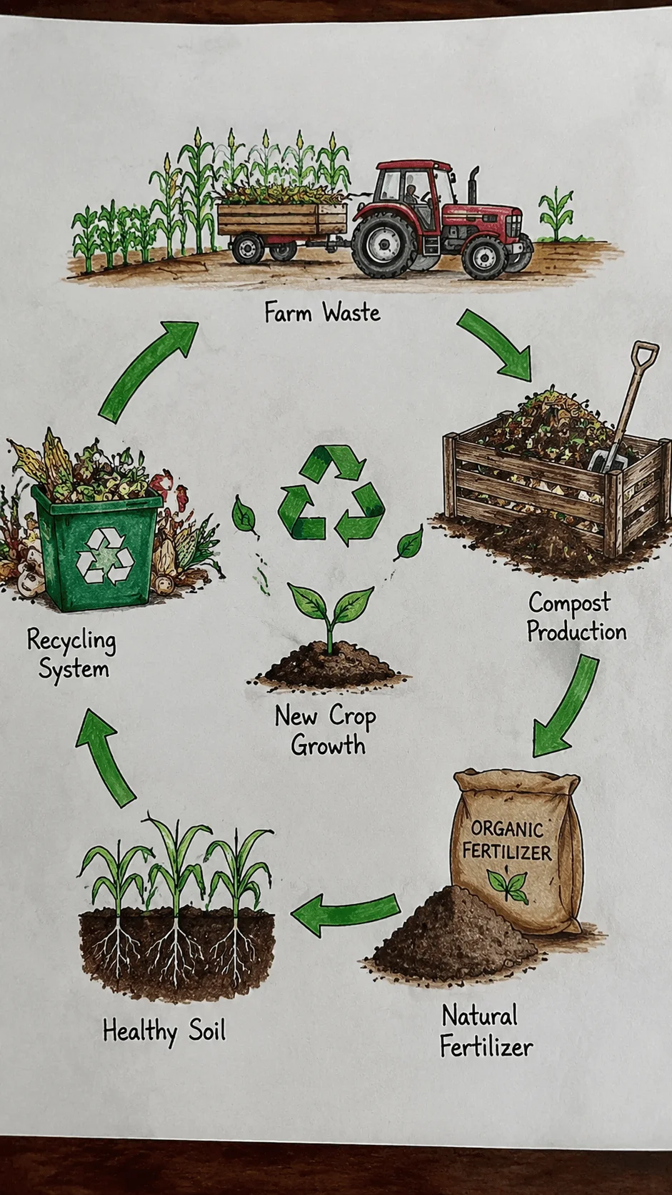 Agricultural waste recycling image showing a circular farming system with farm waste collection, compost production, organic fertilizer, healthy soil, new crop growth, and recycling process for sustainable agriculture