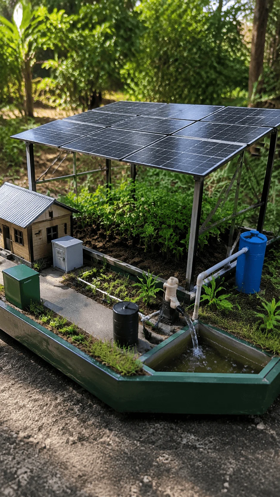 Agrivoltaics farm model showing solar panels above crops with irrigation system water storage and renewable energy based sustainable agriculture setup